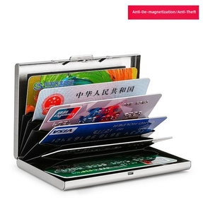 Detail showing RFID blocking interior with six slots in a stainless steel wallet