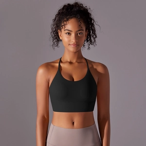 Close-up of black criss-cross back sports bra with high-elasticity quick-dry nylon fabric