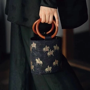 Retro Chinese Style Satin Brocade Bucket Bag With Circular Wooden Handles Tang Dynasty Horse Floral Print Handbag