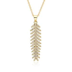 Gold plated brass necklace with a leaf pendant featuring zircon accents on a white background