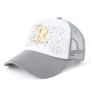 Rhinestone Letter R Mesh Trucker Hat Breathable Adjustable Sun Protection Baseball Cap For Outdoor Travel Streetwear