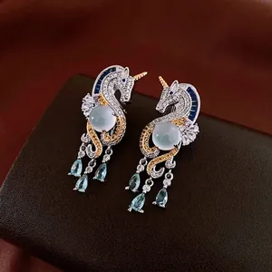 Unicorn Dangle Earrings Copper With Zircon And Silver Earring Post Chic Mythical Waterdrop Pendants For Women