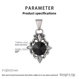 Macro view of vintage stainless steel cross pendant with black stone and 30x21mm dimensions