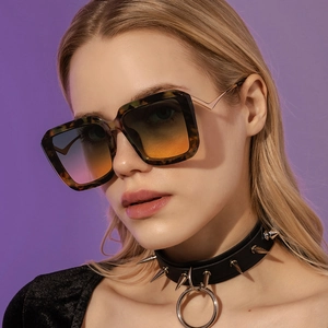 Square tortoiseshell sunglasses with gradient lenses and punk studded leather collar
