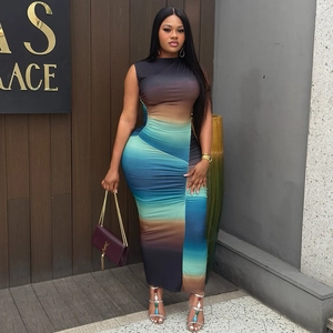Women Gradient Print Sleeveless High Neck Maxi Dress Slim Fit Bodycon Side Pleated Polyester Spandex Streetwear