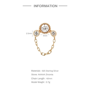 Detailed specs of S925 sterling silver chain earrings with AAAAA zirconia and dimensions