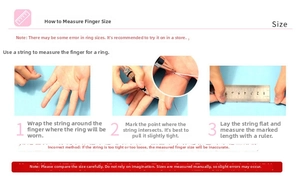 Size guide for rings showing how to measure finger circumference with step-by-step instructions