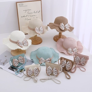 Kids summer straw sun hat and handbag set with bow decoration in multiple colors