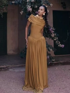 Elegant Off Shoulder Pleated Maxi Dress Polyester Slim Fit Evening Party Gown For Women