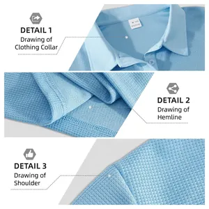 Men's light blue waffle polo shirt showing collar, hem and texture details