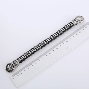 Punk woven black leather men's bracelet with silver lion head and magnetic chain