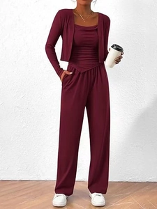 Ensemble 3 pièces décontracté pour femme avec cardigan bordeaux et pantalon large