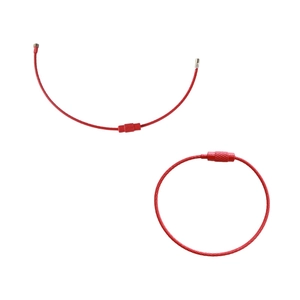 Red coated stainless steel wire keychain showing open and closed twist lock mechanism