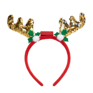 Detail of Christmas reindeer headband with golden sequins and red holly leaf accents