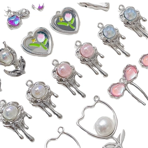 Pendentifs Y2K en alliage argenté cœur et tulipe avec pierres colorées pour bijoux DIY
