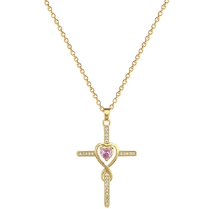 Luxurious gold titanium cross necklace featuring a pink heart stone and white diamonds