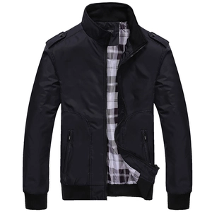 Men Casual Windproof Stand Collar Jacket Polyester Outerwear Grid Lining Shoulder Straps Ribbed Cuffs Business Daily Coat