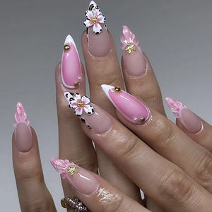Faux Ongles À Presser Dégradé Rose Avec Motifs Floraux 3D Imprimé Léopard Forme Amande Ongles Artificiels Brillants