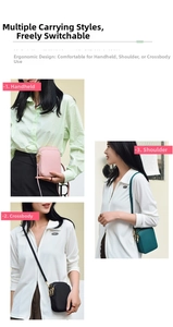 Three-layer zipper mini phone bag with adjustable strap in pink, black, and green
