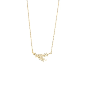 Elegant gold leaf pendant necklace with zircon inlay on minimalist thin chain white background