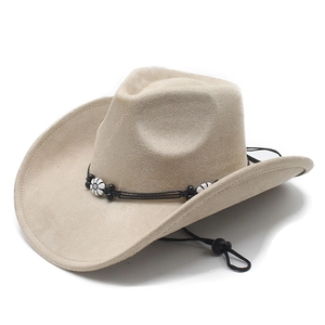 Chapeau de cowboy en daim beige avec ruban fleuri perlé et cordon coupe-vent réglable