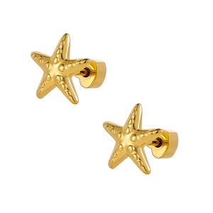 Polished gold starfish stud earrings in stainless steel with textured sea star design