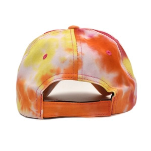 Rear view of tie-dye baseball cap featuring adjustable velcro strap and cotton texture