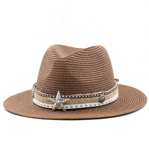 Bohemian brown straw sun hat with wide brim, featuring star buckle and turquoise stone