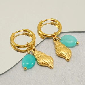Hoop Earrings With Stainless Steel 18K Gold Plated Natural Turquoise And Sea Shell Charms Vintage Fashion For Women