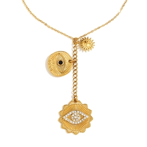 18K gold plated stainless steel layered necklace with sun and evil eye crystal charms