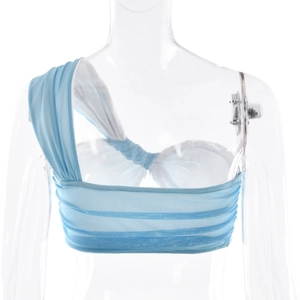 Detail view of the light blue and white mesh off-shoulder top back on a mannequin