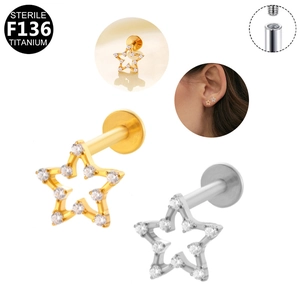 F136 titanium star labret stud with cubic zirconia in gold and silver finish