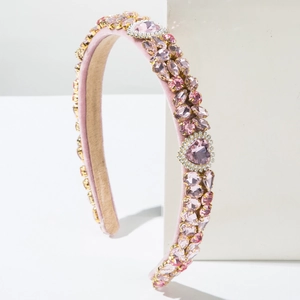 Barokke roze fluwelen haarband met strass, hartvormige edelstenen en parels voor Valentijnsdag