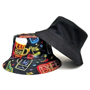 Double-sided beer print bucket hat with neon graffiti patterns and plain black cotton style