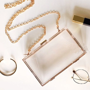 Transparent acrylic box clutch bag with gold chain strap and elegant gold metal frame