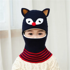 Navy blue knitted balaclava for kids with cartoon ears and red striped scarf detail