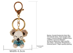 Macro view showing dimensions and materials of the crystal koala keychain pendant
