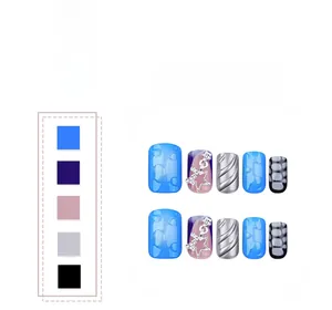 Detail of 3D ocean blue press-on nails with silver stars and pearl texture effects