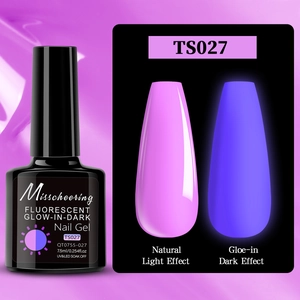 Detailed comparison of pink glow-in-the-dark nail gel under normal and dark light effects