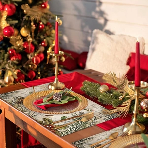 Christmas snowman placemat with vintage floral design on festive holiday table setting