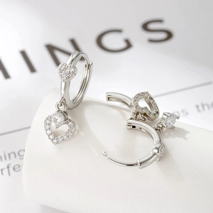 Sparkling silver copper hoop earrings with double heart zircon pendants for women