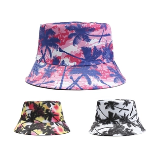 Detailed tropical coconut tree print on lightweight summer bucket hats in three colors