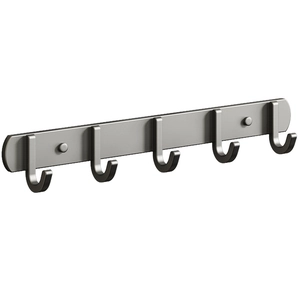 Wall-mounted matte silver metal rack with 5 heavy-duty hooks and screw covers
