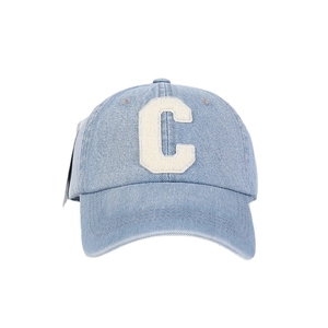 Light blue denim baseball cap with white chenille letter C embroidery and curved brim