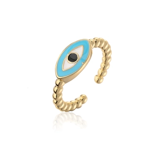 18K gold plated evil eye open ring featuring blue enamel and twisted rope texture