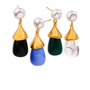 Teardrop Pendant Earrings Titanium Steel Gold Plated Resin Faux Artificial Pearl Retro Exaggerated Niche Design Jewelry For Women