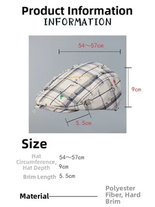 Detail of beige plaid newsboy cap with ink splatter texture and distressed edges