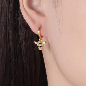 Chic gold hoop earrings with sparkling black and white zircon bee pendant for women