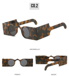 Three angles of tortoise shell square sunglasses with circular lenses and thick frames