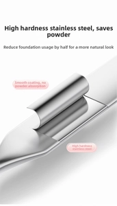 Macro detail of polished stainless steel foundation spatula showing precise curved edge